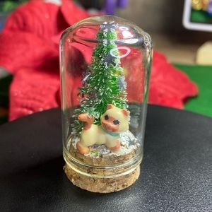 Miniature Diorama Cat with Christmas Tree in Glass Cloche
